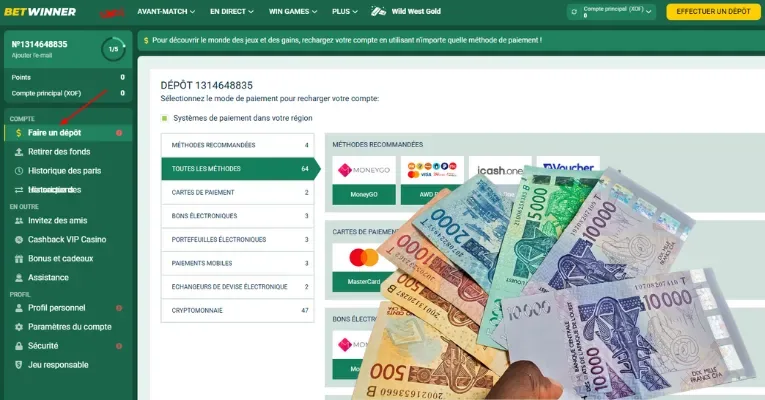 Écran de dépôt (caisse) BetWinner au Bénin